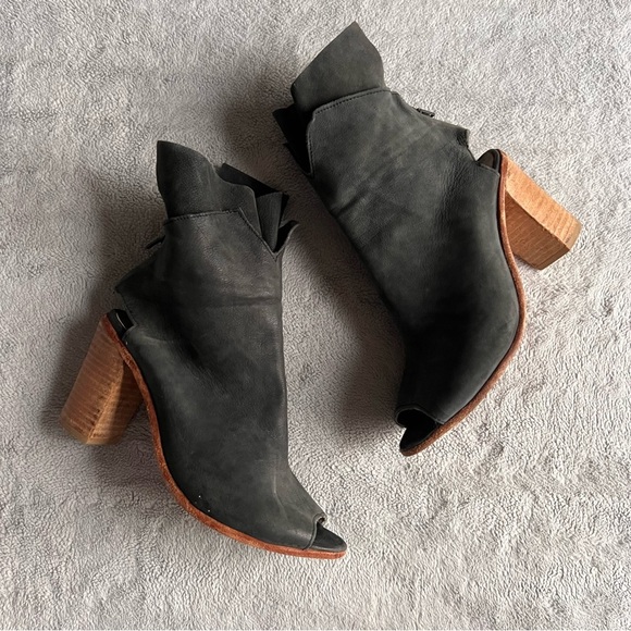 Free People Shoes - Free People Golden Road Peep Toe Leather Heel Boot Black Gray Sz 37